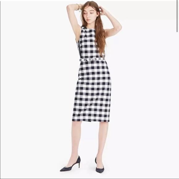 J.CREW | Navy Blue Gingham Checkered Sleeveless Straight Belted Midi Dress | 2T - Picture 2 of 10